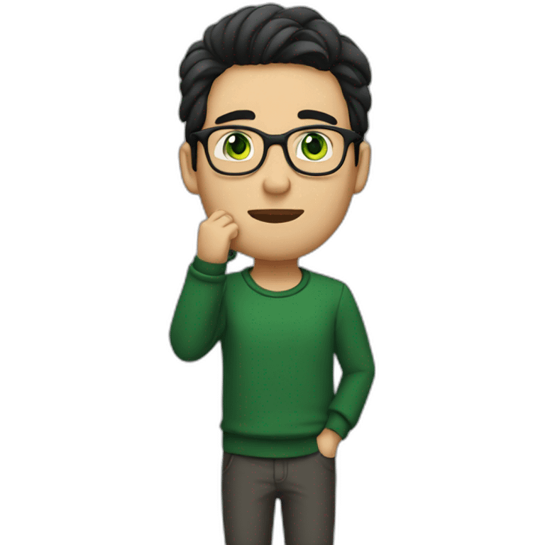 a guy with dark hair, green eyes and glasses. put his hand to his face and thought emoji