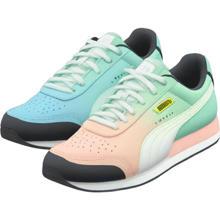 Realistic Isolated pair of pastel blue pastel green peach and black ombre Puma sneakers facing forward.  emoji