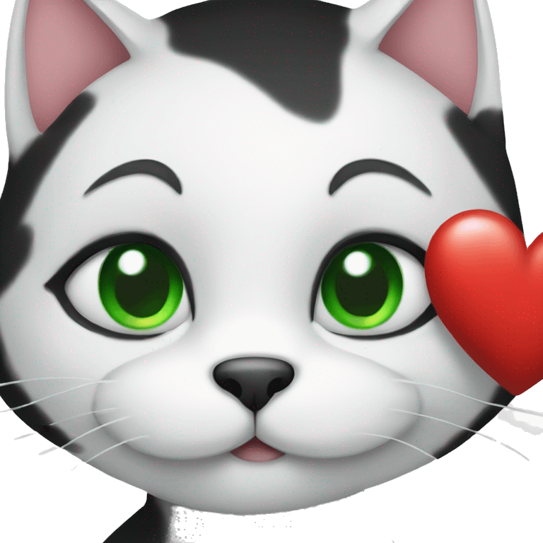  Black and white cat with green eyes holding a heart emoji