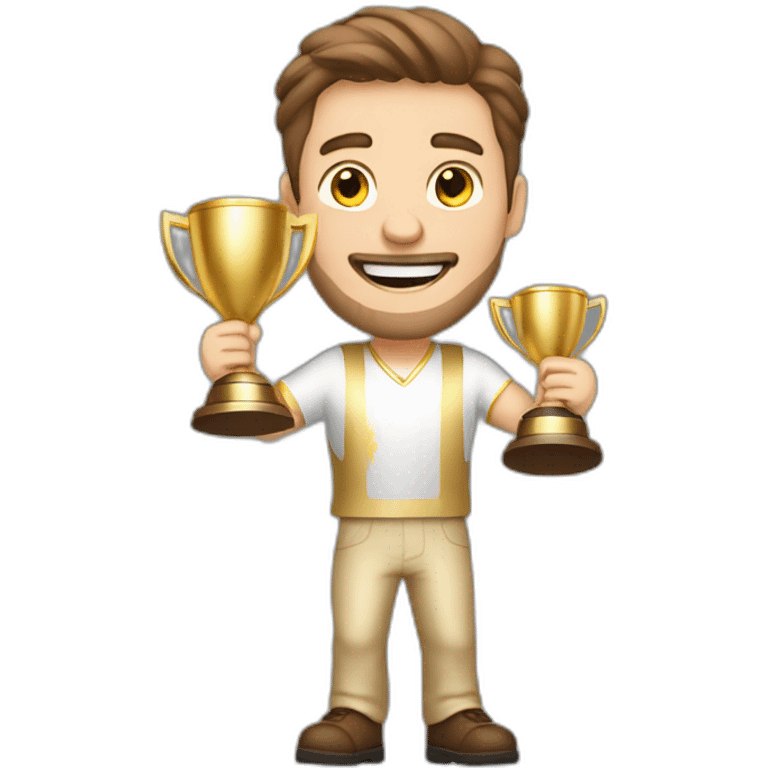 the white European man brown hair Celebrating, Raising a gold trophy in your hands, full body, Elegant dress emoji