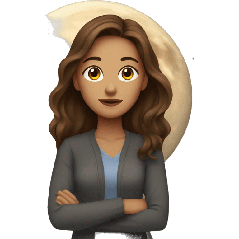 Brown-haired woman with brown eyes on the background of the moon emoji