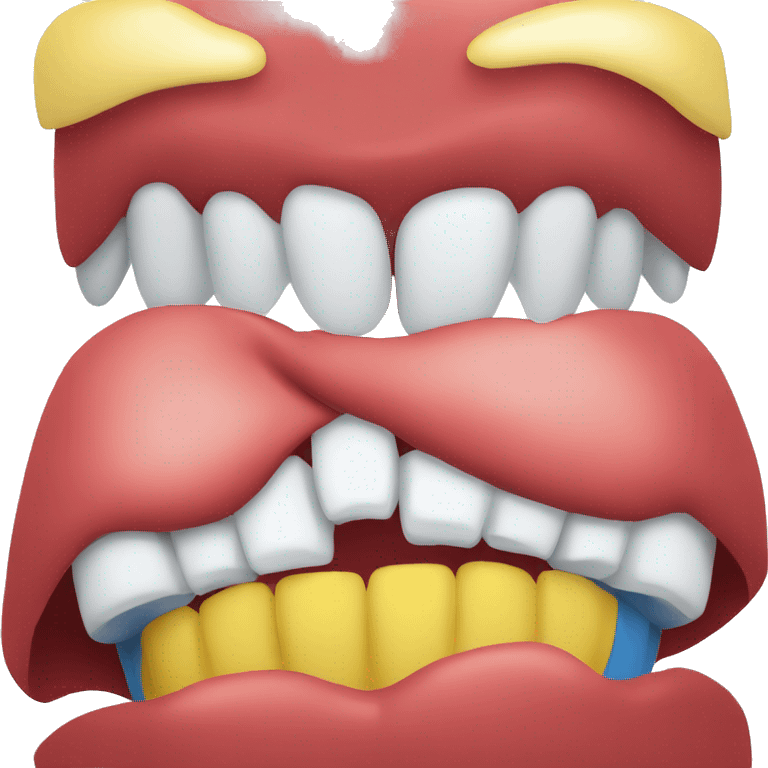 Create an emoji that represents three teeth together, aligned horizontally. The first tooth should be blue, the second red and the third yellow.
 emoji