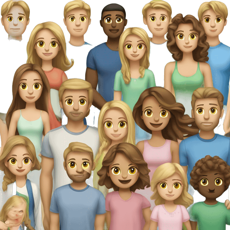 Emoji of family:  - **Dad**: Tall, brown hair/eyes, fair. - **Mom**: Medium, blonde, green eyes, fair. - **Daughter 1**: 3, long brown hair, brown eyes. - **Daughter 2**: 2, curly blonde, blue eyes. - **Baby**: 5 months, brown hair/eyes. emoji