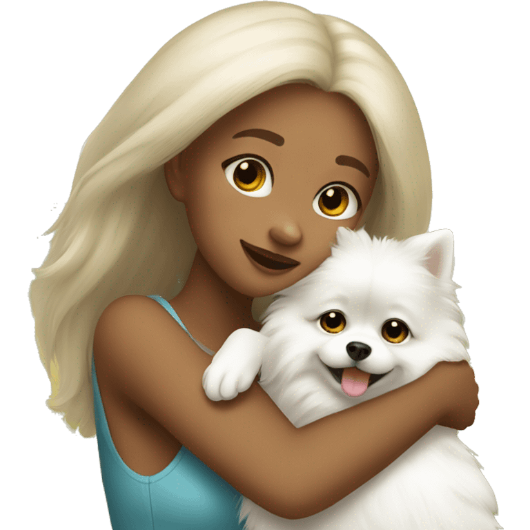 girl hug white Pomeranian emoji