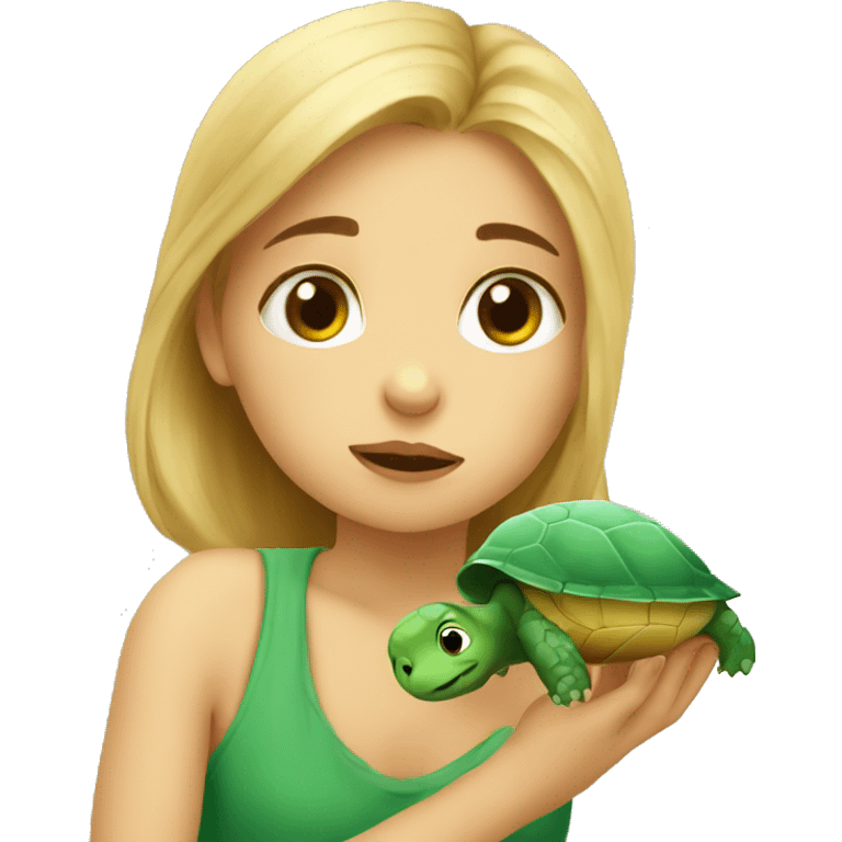 European girl kisses little turtle emoji