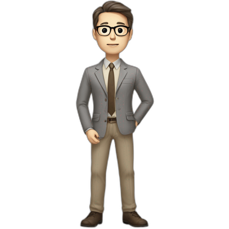 Full height Gesticulating Pale skinned fit man with dark brown hair in gray jacket, beige office shirt, brown tie, brown pants and vintage glasses. emoji