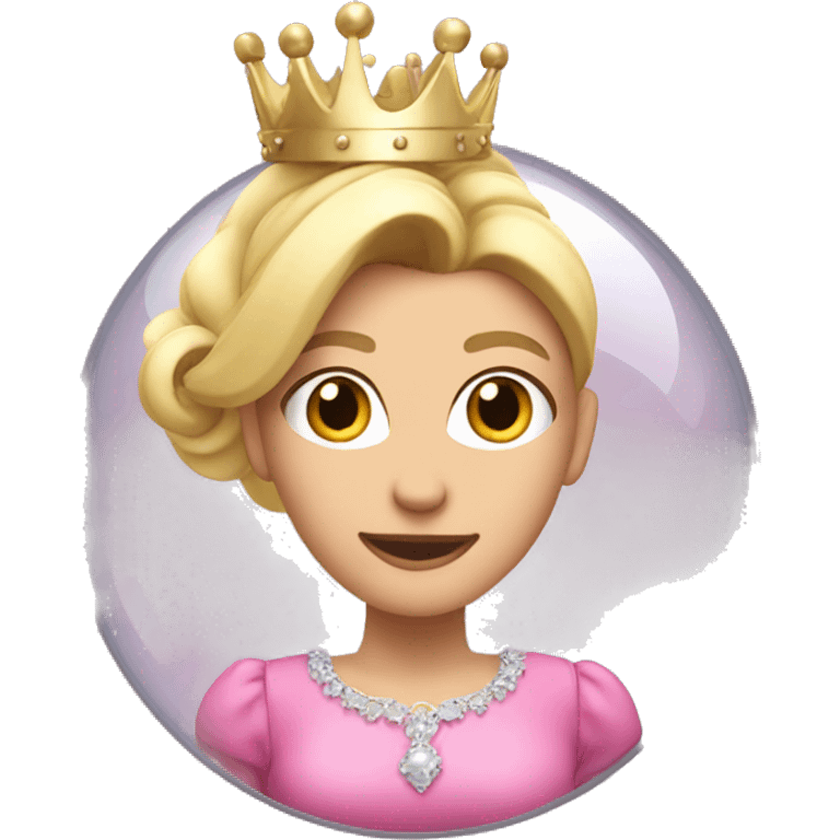 a blonde woman with ponytail inside of a bubble with pink dress and silver crown and pink wand on her left hand emoji