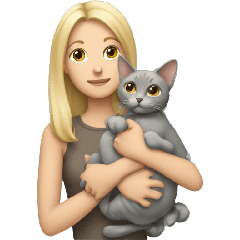 blonde girl holding a gray fold-eared cat in her arms emoji