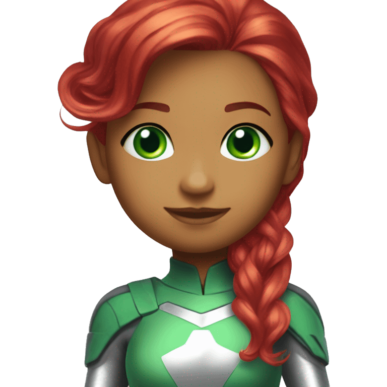 dc comics starfire red hair; purple silver spacesuit; jade green eyes emoji