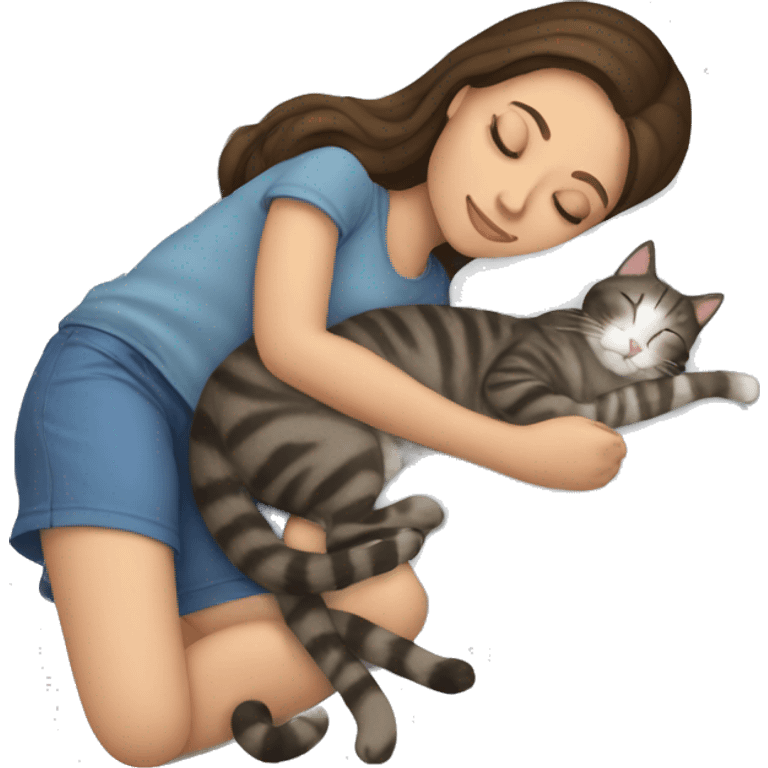 brunette girl sleeping with tabby cat  emoji