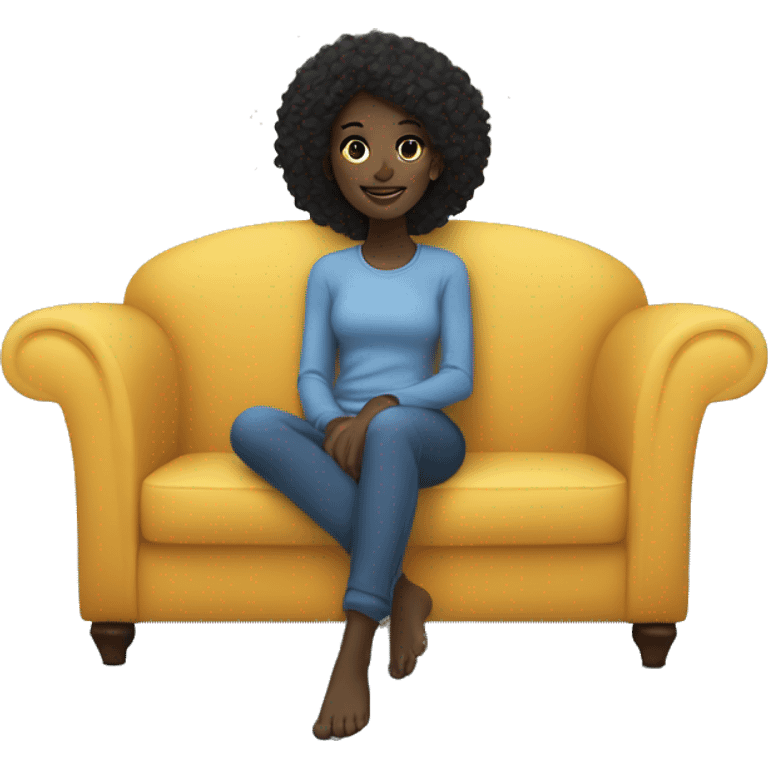 black girl, straight hair, lounging on a comfy blue couch, with her feet up, looking relaxed and happy emoji