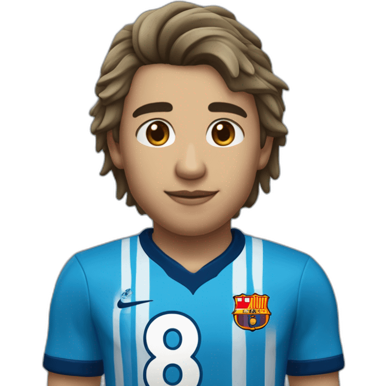 Futbolista español de 16 con camiseta azul marina y una franja azul clara en los hombros. Con el número 8 en la camiseta. Un solo 8 y que ponga PLAZA emoji