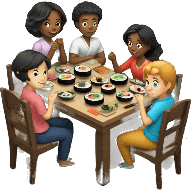 English family of 7 members eating sushi together at kitchen table emoji