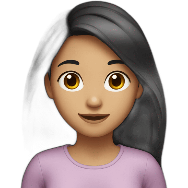 Girl with long dark hair, a little tanned, dark brown eyes, smiling emoji