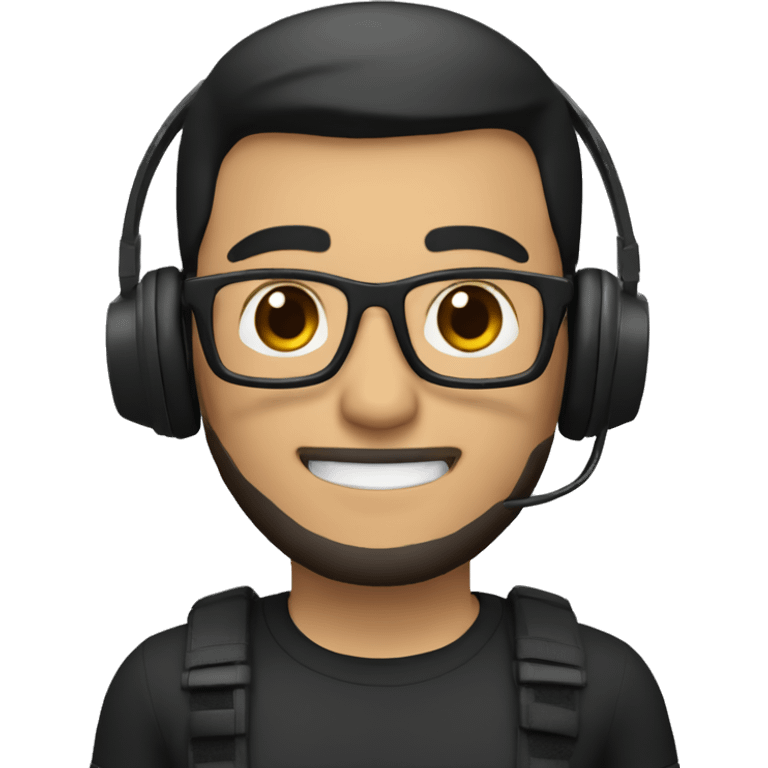 Create a Memoji-style avatar of a man with short black hair, glasses, and a beard. He is smiling and wearing a black shirt. He also has a pair of headphones around his neck. emoji