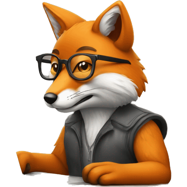 Fox is sitting at a table with a laptop, wearing glasses emoji