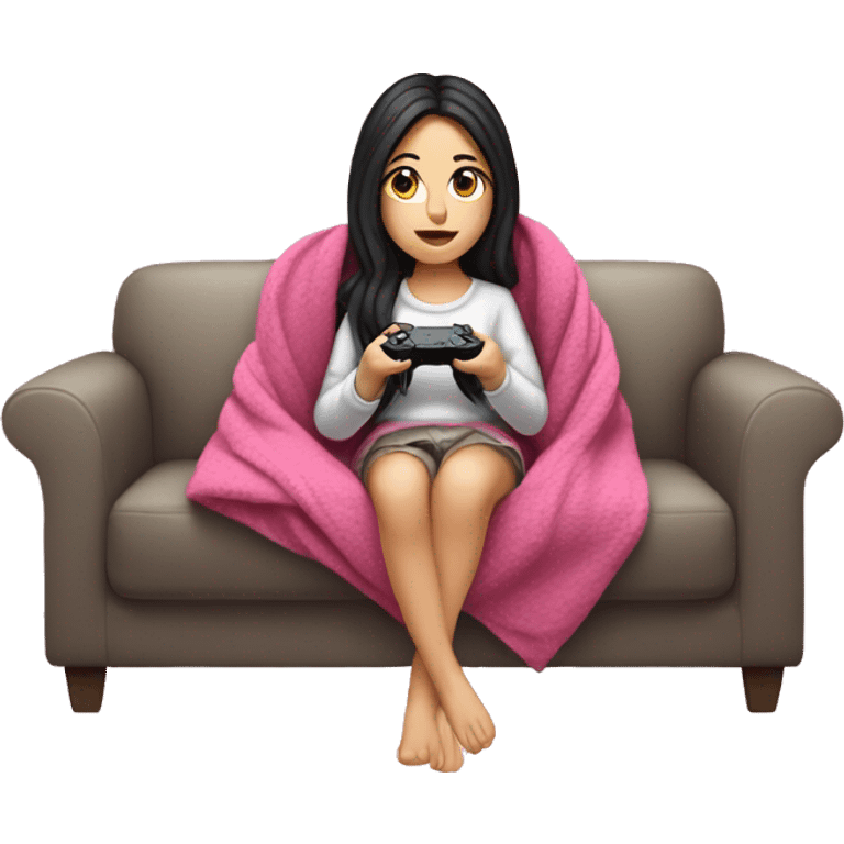 White girl with dark hair wrapped up in a blanket sitting on a couch with a pink gaming controller in her hands emoji