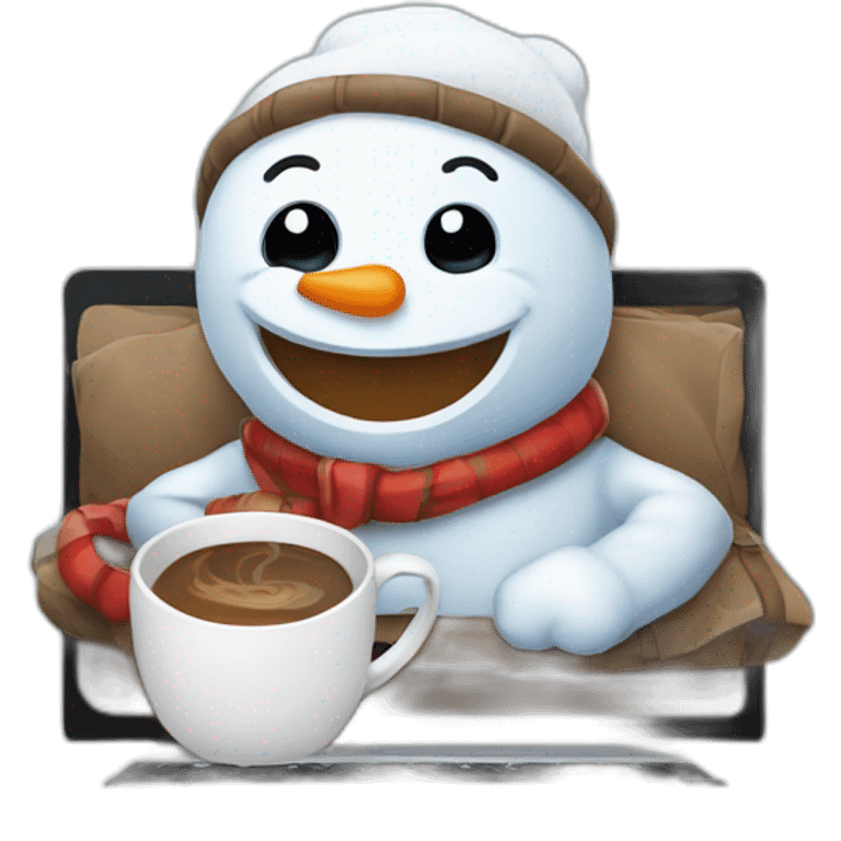 cute little snowman behind a laptop holding a coffee mug emoji