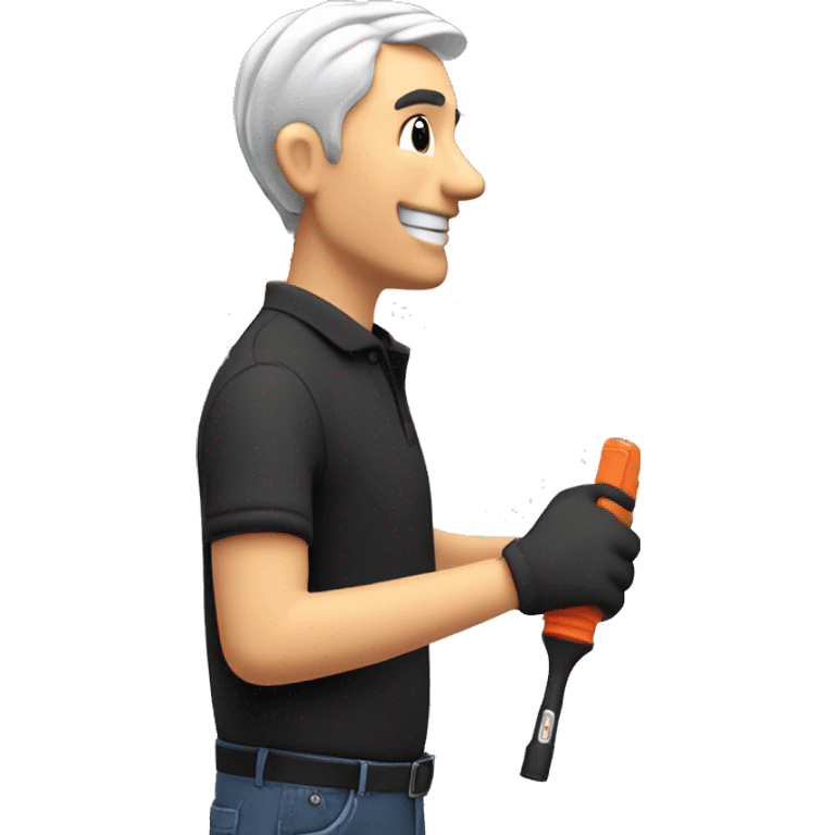 Technician with grey hair wearing a black polo shirt installs a TV to a white wall of an exhibition Booth using a screwdriver emoji