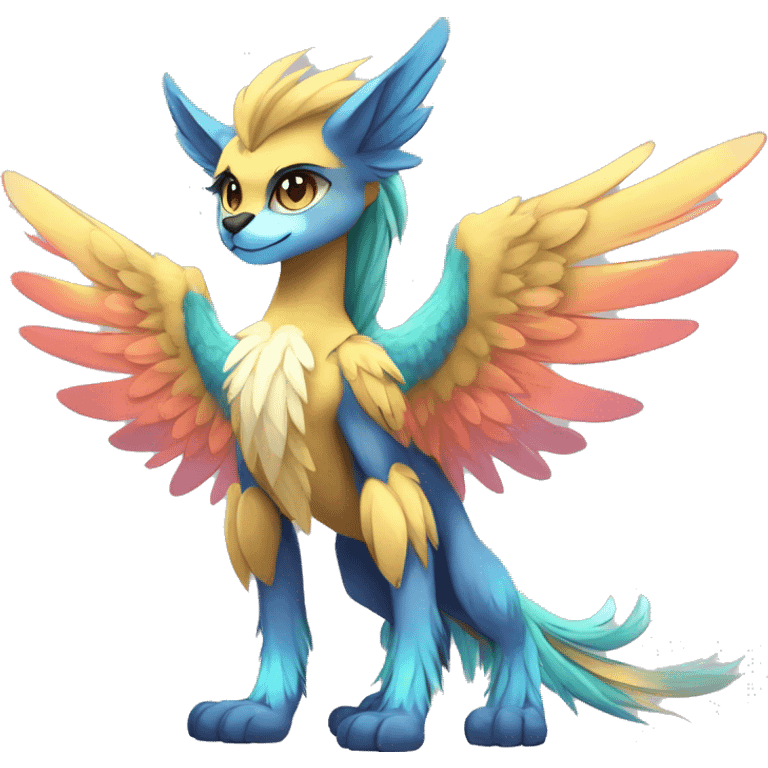 Anthro Sona Cool Edgy Cute Colorful Shy Winged Shiny Fakemon-Fantasy-Creature With Long Hair-Mane Full Body emoji