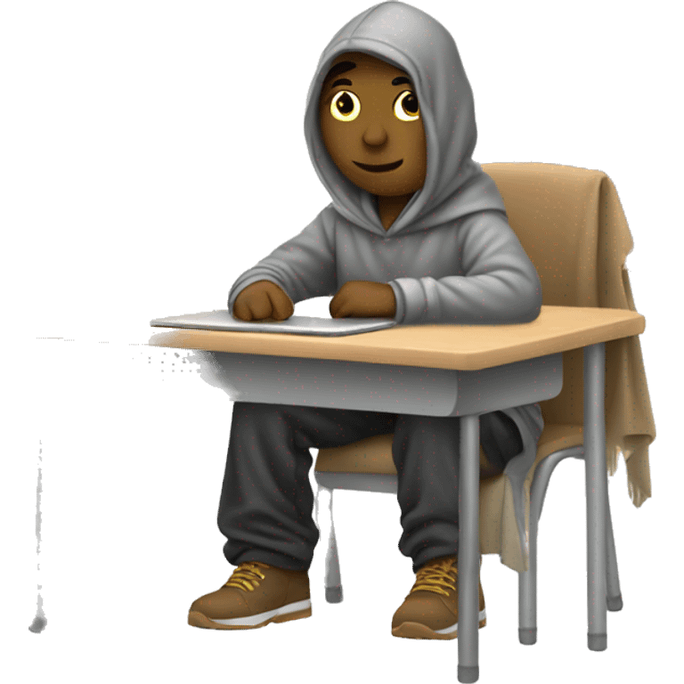 male student sitting at a school desk with a big blanket wrapped around shoulders working on chromebook emoji