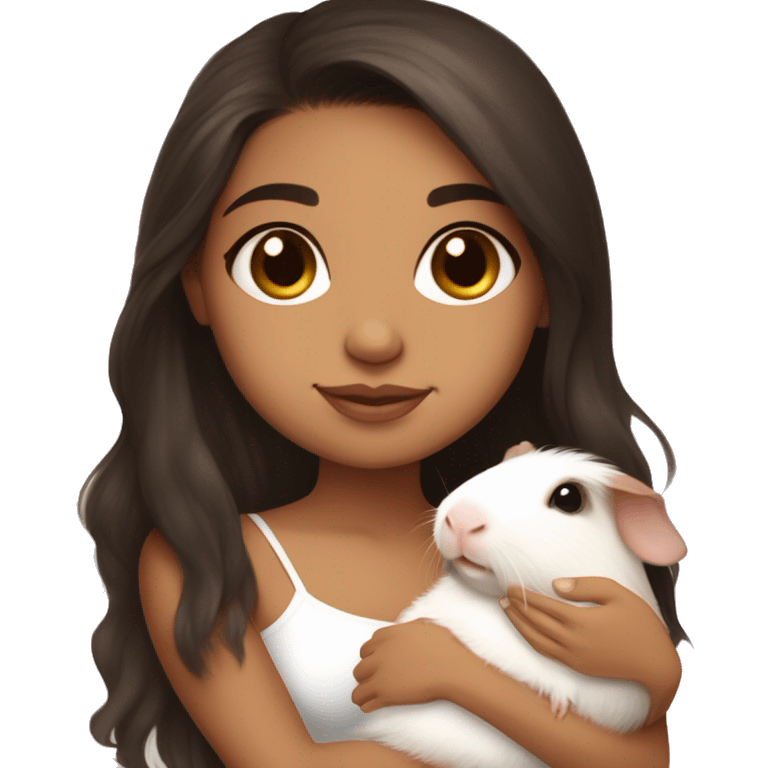 a Latina girl with long dark brown hair and light skin wearing a white tube top shirt snuggling a baby guinea pig emoji