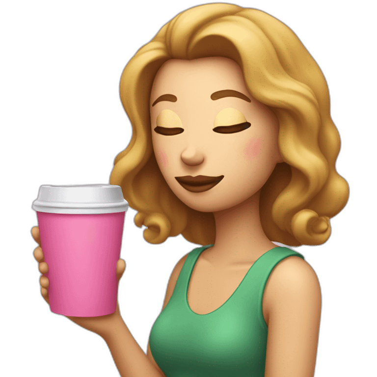 woman sipping cofee from a pink takeaway cup eyes closed emoji