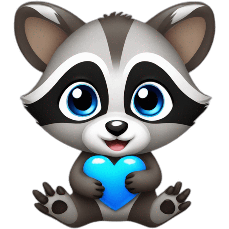 a baby raccoon with a blue heart in his hands emoji