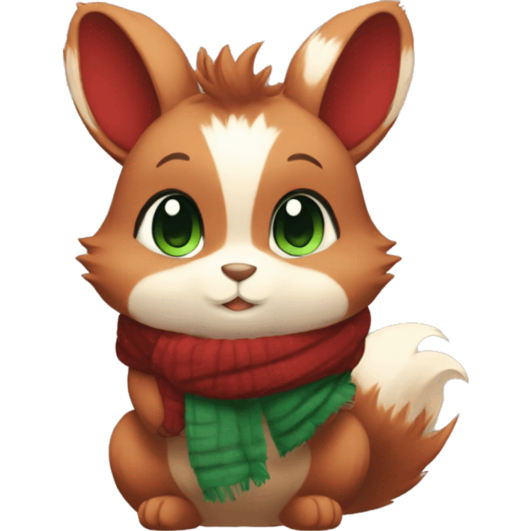 Cute, Chibi, chubby, fluffy, Kemono-style, Anthro, Fur-Sona, Dark-Red, Squirrel-Rabbit-hybrid-Fakémon, with a green scarf, full body emoji