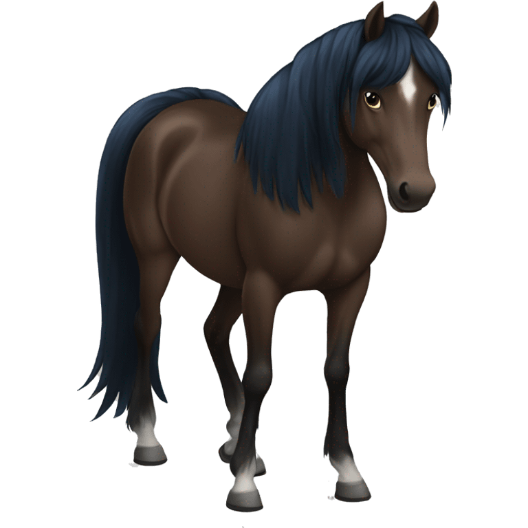 Dark brown horse, black mane and tail, a dark blue rug and halter emoji