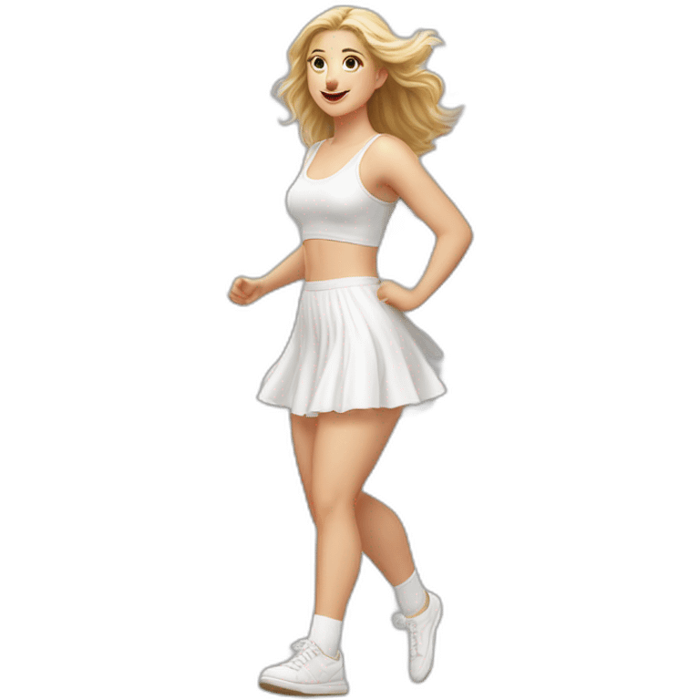 hyperrealistic-full-body-caucasian-curvy-beauty-jumping-small white-skirt-back-and-front-views-strong-wind-white knickers white socks emoji