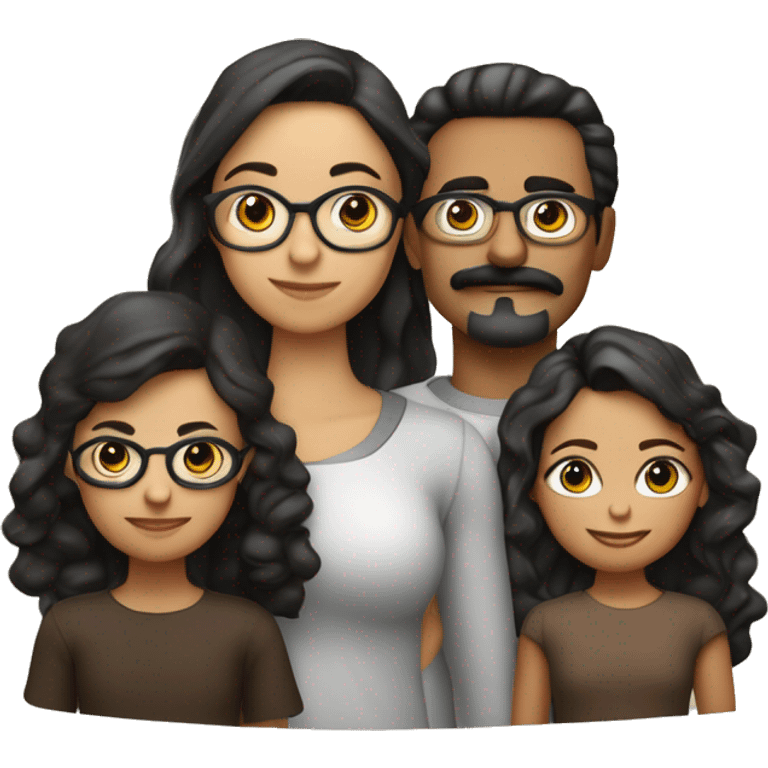 Familia de 4. Padre con lentes, bigote y cabello negro, moreno claro. Madre con Cabello negro largo y tez clara. Dos hijas, una con pelo rizado largo, otra con pelo largo lacio. Todos con ojos cafés emoji