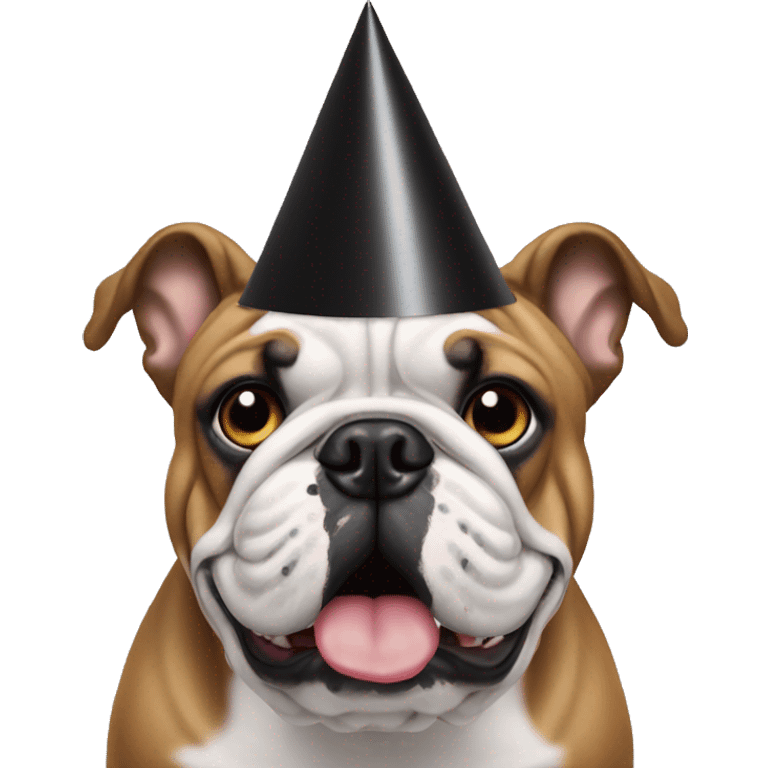 Bulldog with solid black face with party hat emoji