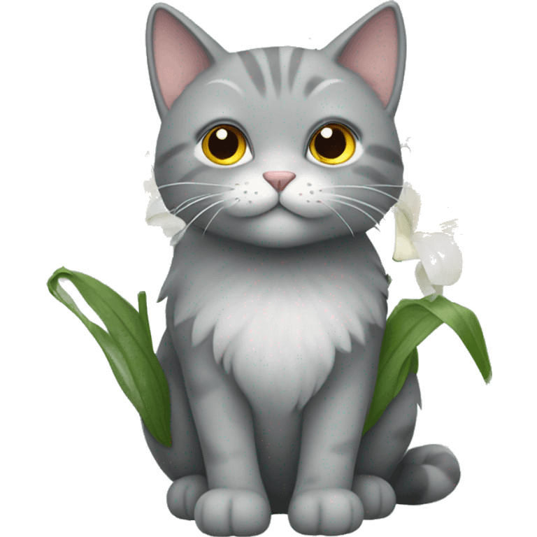 Fluffy grey cat holding Lillies  emoji