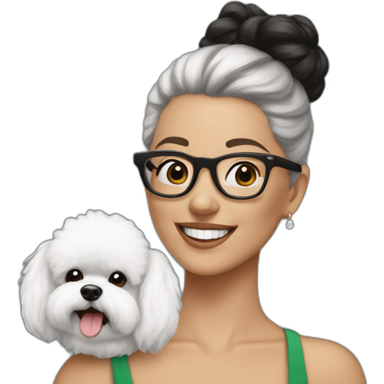 woman-black-hair-bun-with glasses-with bichon dog-white-smile-Christmas emoji