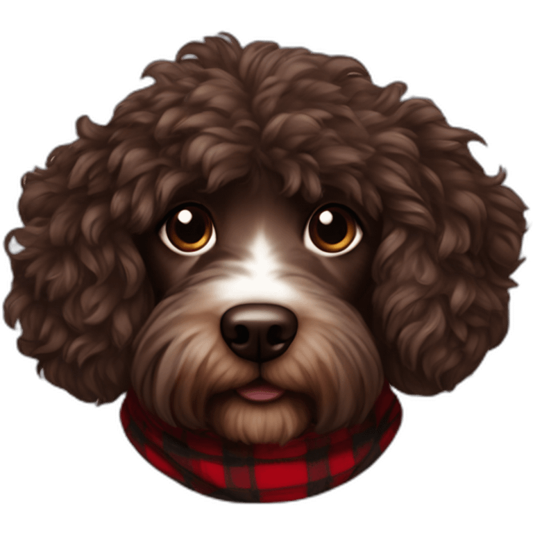 portrait Dark chocolate colored doodle with wavy fur wearing a red and black flannel handkerchief emoji