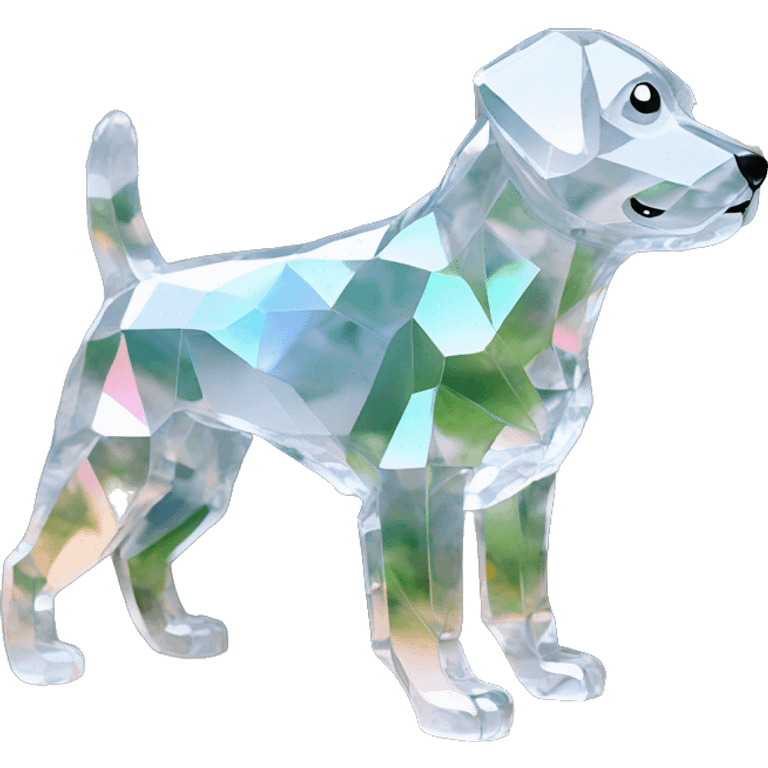 A dog made entirely of glass mirror crystals prisms glass transparent filled with plants as a terrarium emoji