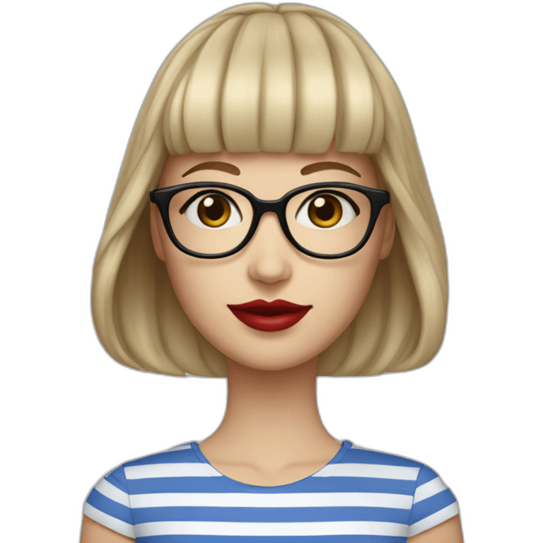 caucasian woman with square black glasses, straight bangs, red lipstick, blue and white striped t shirt emoji