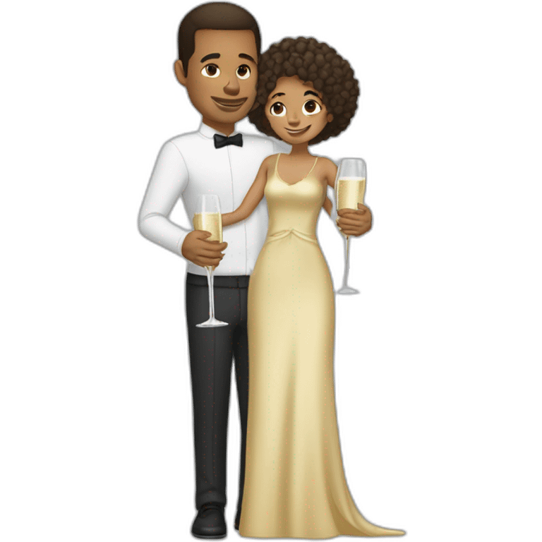 Tall lightskin man with champagne, hugging short lightskin woman emoji