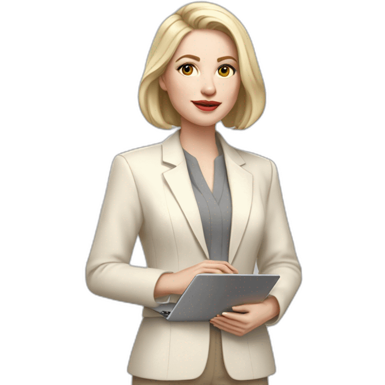 pale skin woman with ash blonde Straightened bob Hair, White Spacious classical jacket, beige palazzo Arrow pants and gray blouse holding a MacBook in the hands emoji