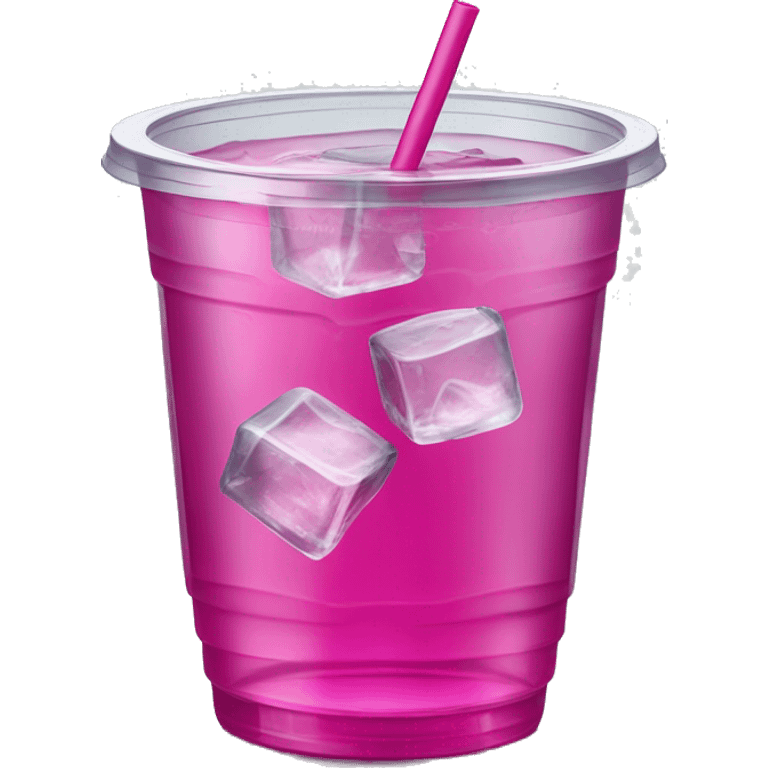 Realistic see through plastic cup and lid with half full Transluscent magenta soda,straw and large ice cubes inside. emoji