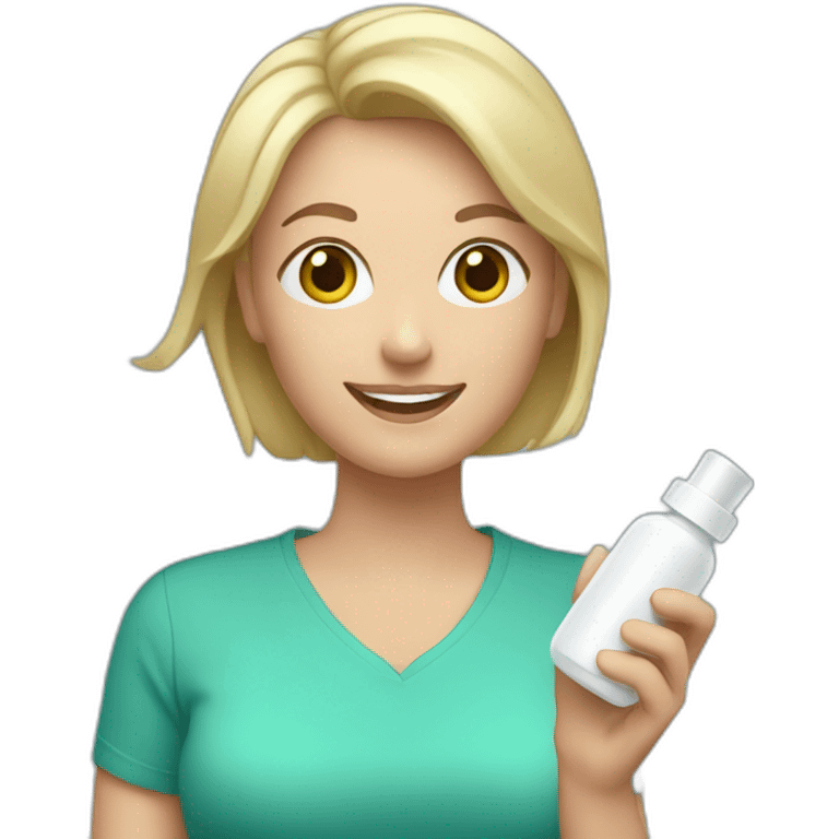 Happy blonde Mom holding white pill bottle, short hair, teal shirt emoji