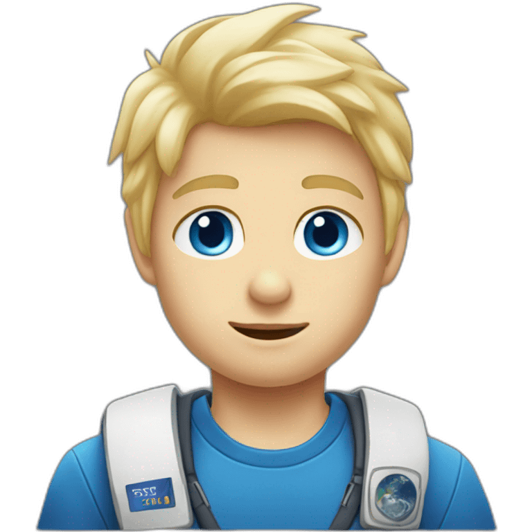 Blond boy with blue eyes wearing a spacex tshirt emoji