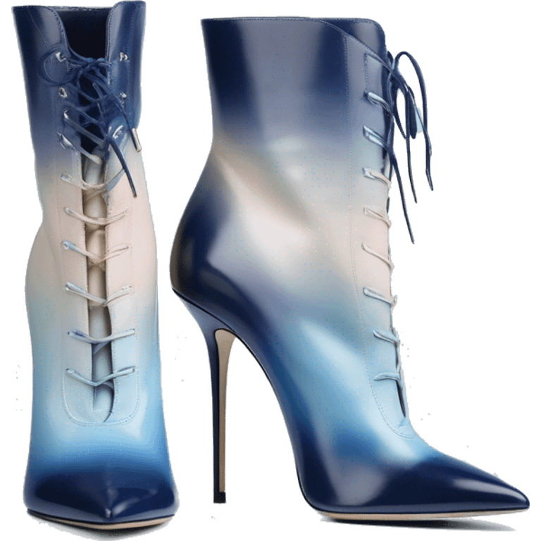 Realistic isolated top view of a pair of navy blue to pastel blue ombre Jimmy Choo stiletto heel ankle bootie boots. emoji