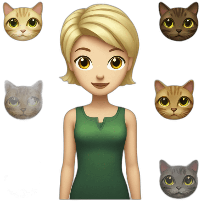 Blonde woman with short hair blue green eyes with a dark tortoise shell cat emoji