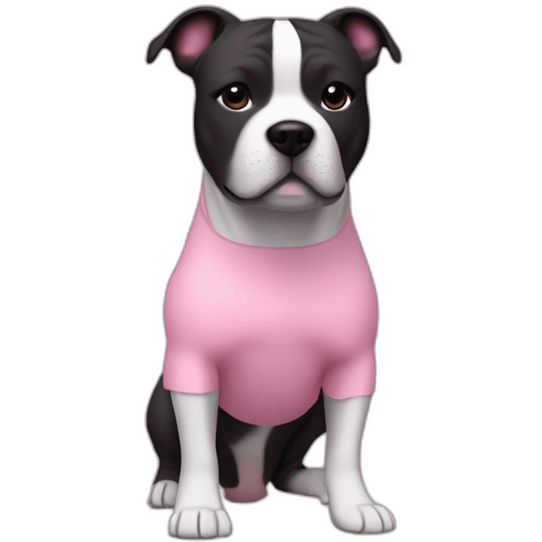 The Staffordshire Bull Terrier has a short, smooth coat and a muscular body. black and white color. in a pink dress emoji