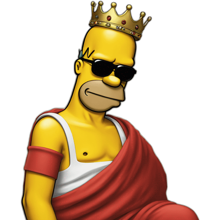 Half body portrait of homer simpson wearing a red cloth, black sunglasses and a crown and sitting in a huge thorn emoji