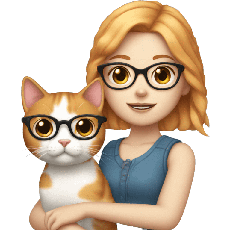 White skin, short strawberry-blonde haired girl with glasses holding calico cat emoji