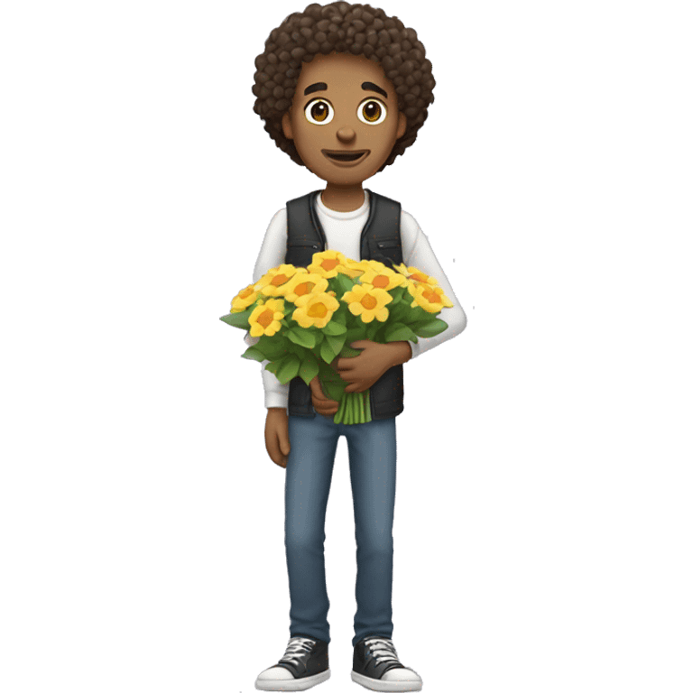 Skinny white man with curly hair holding flowers  emoji