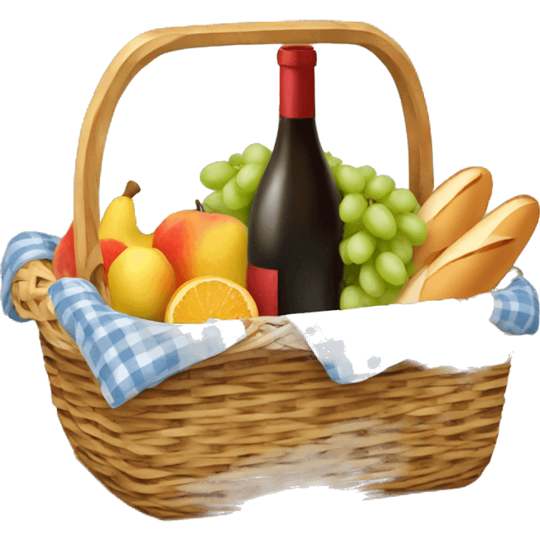 picnic basket with fruit, baguette, wine inside emoji